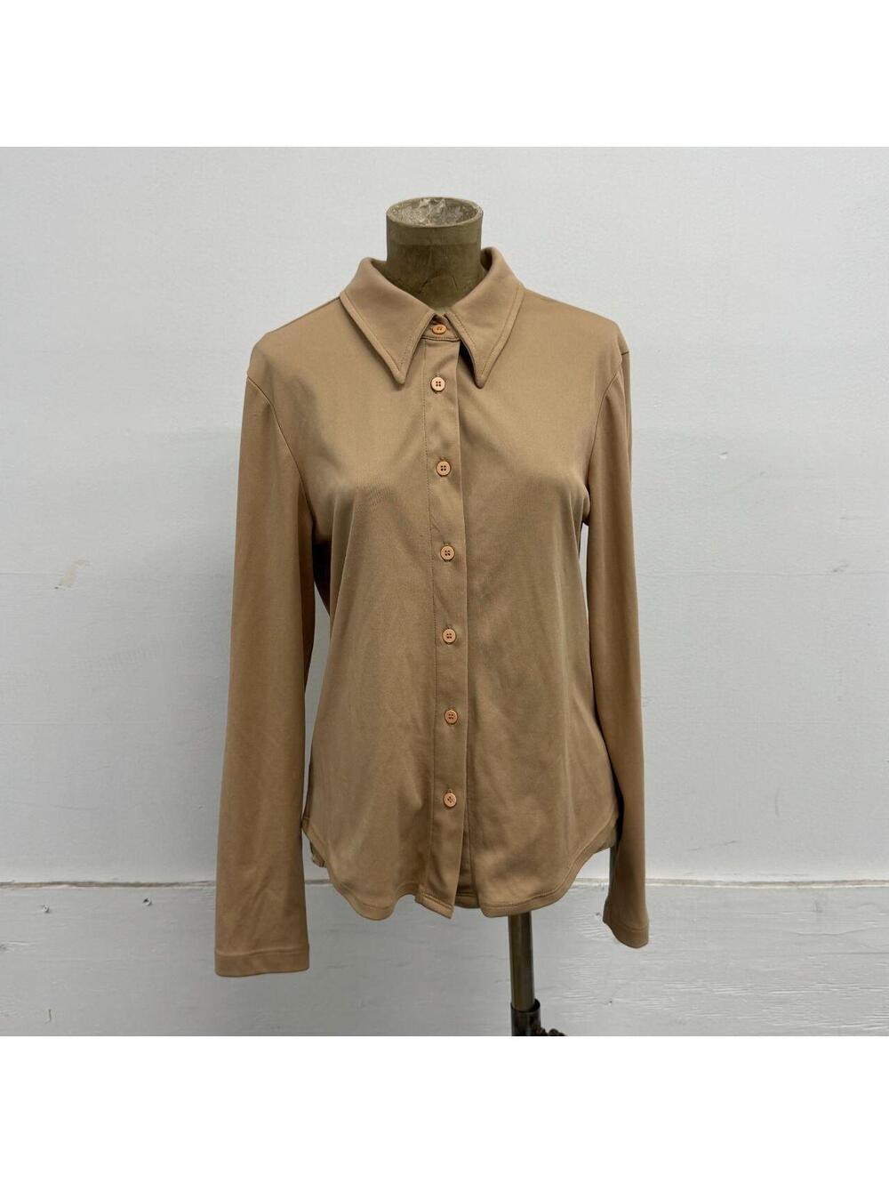Vintage 1990s BCBG Paris Camel Tan Stretch Dagger-Collar Blouse